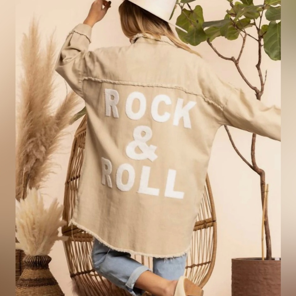 Blue Buttercup Rock & Roll Denim Jacket Mocha w/ White Sherpa Lettering Medium